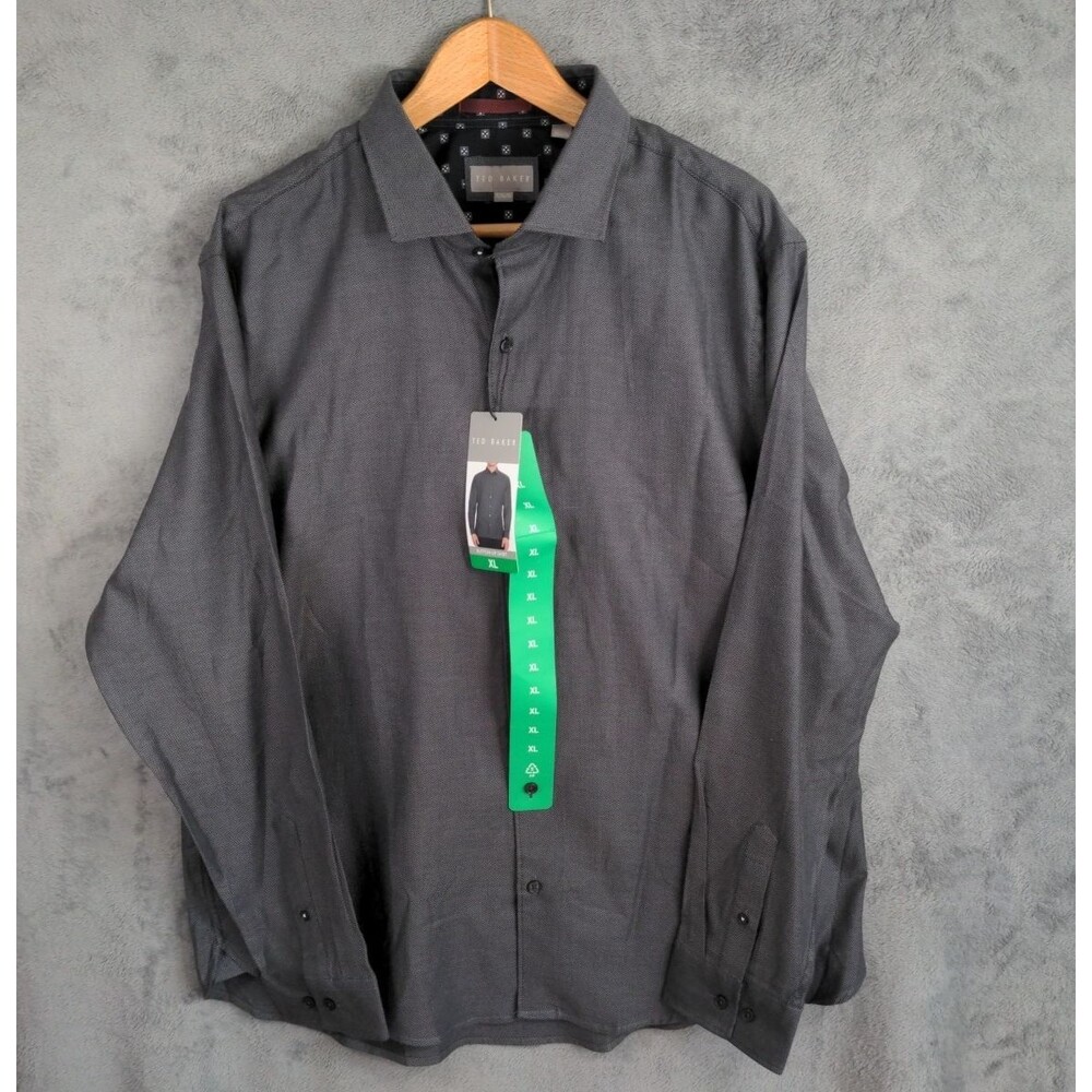 NWT Ted Baker Button Up Shirt Men's XL Long Sleeve Gray Herringbone Classic